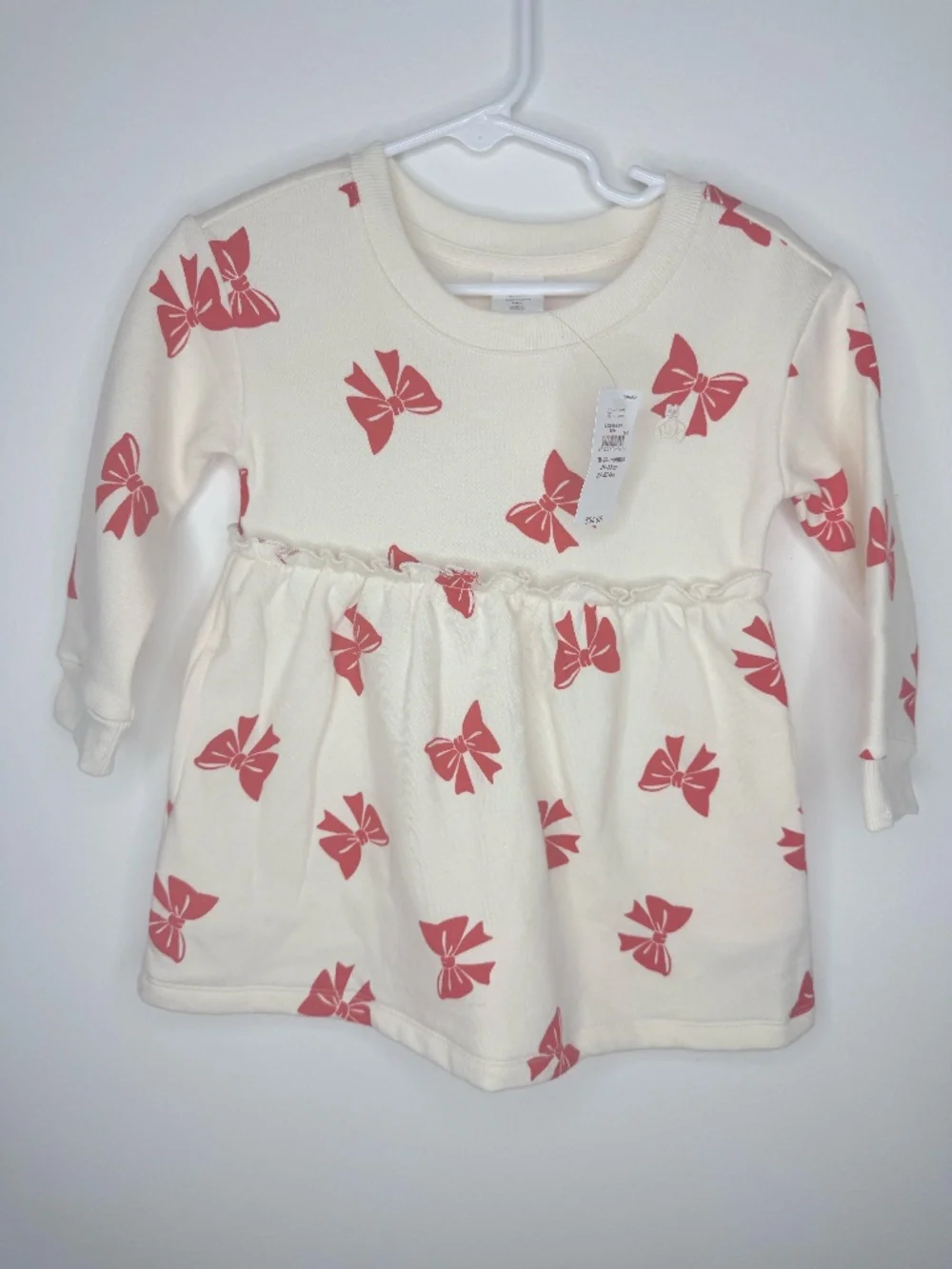 NWT  Baby Gap Cream Long Sleeve Dress with Red Printed Bows - 18-24 months